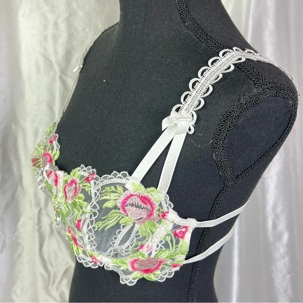 Romantic Sheer White Floral Lace Bra – XS/S – Cottagecore Lingerie